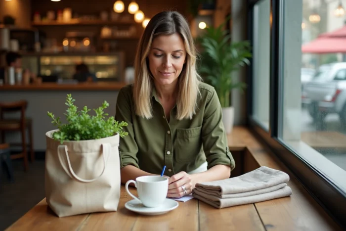 Femme organisée avec une liste de shopping et un tote bag dans un café rustique, incarnant les astuces shopping pratiques et élégantes à la Jennifer Garner