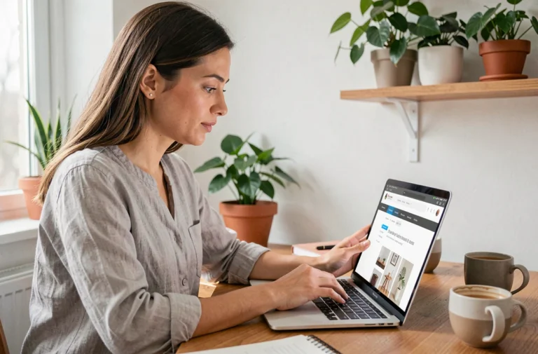 Femme consultant le plan du site Mon Espace Déco sur un ordinateur portable dans un bureau à domicile décoré