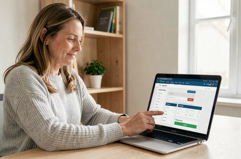 Femme naviguant sur un plan de site e-santé depuis un ordinateur portable dans un bureau à domicile organisé
