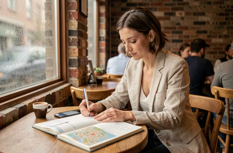 Femme organisant son voyage dans un café avec un carnet de planification et une application de carte sur smartphone