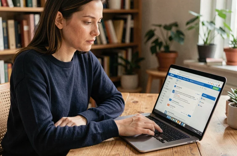 Femme consultant des liens de téléchargement sur un ordinateur portable dans un bureau à domicile