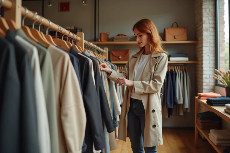 Femme élégante en trench coat beige faisant du shopping dans une boutique de mode minimaliste inspirée du style Jennifer Garner