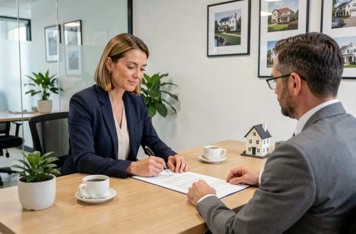 Femme signant un contrat immobilier avec un agent dans une agence moderne, étape clé d'un projet immobilier réussi
