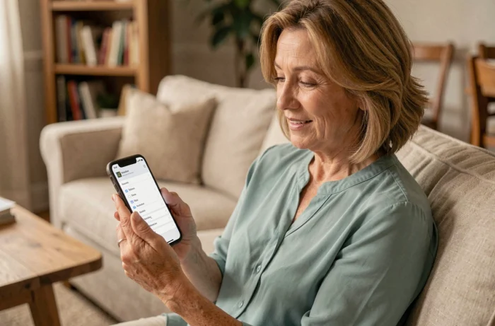 Femme d'âge mûr explorant le plan du site d'un service de santé en ligne sur smartphone depuis son salon