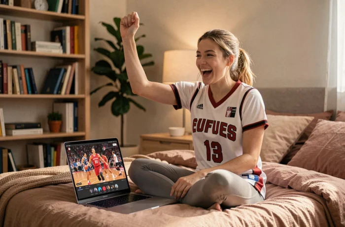 Jeune femme passionnée regardant un match de basketball en streaming sur ordinateur portable dans sa chambre