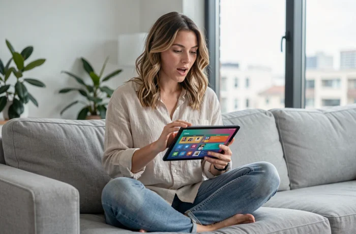 Femme utilisant une tablette Android dans un salon contemporain minimaliste