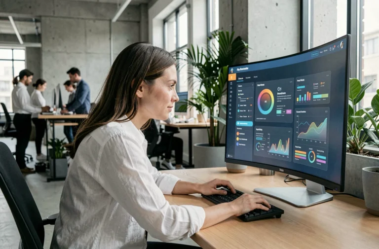 Femme professionnelle explorant des tendances web sur un grand écran incurvé dans un bureau moderne et lumineux