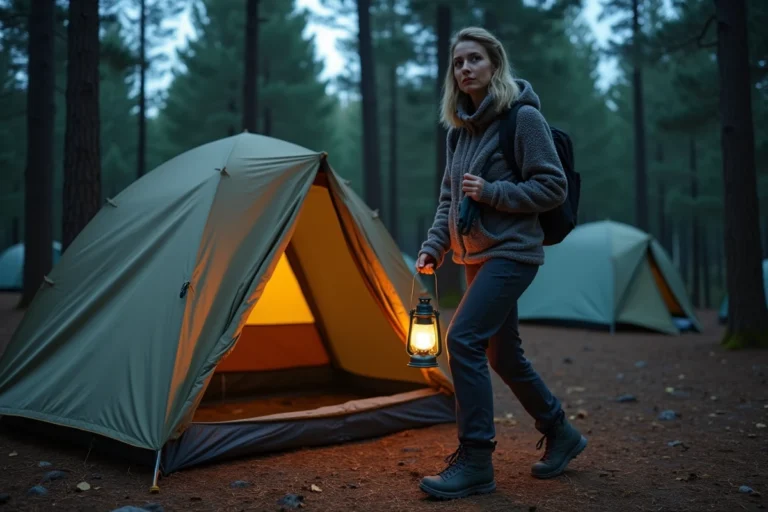 Femme sortant d'une tente de camping la nuit avec une lanterne et une trousse de toilette pour gérer ses besoins nocturnes en plein air