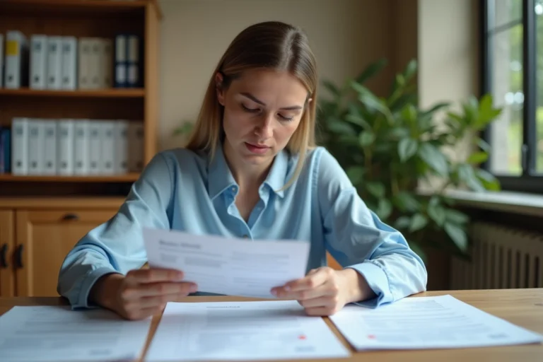 Femme vérifiant attentivement un formulaire de demande d'acte de naissance à son bureau à domicile