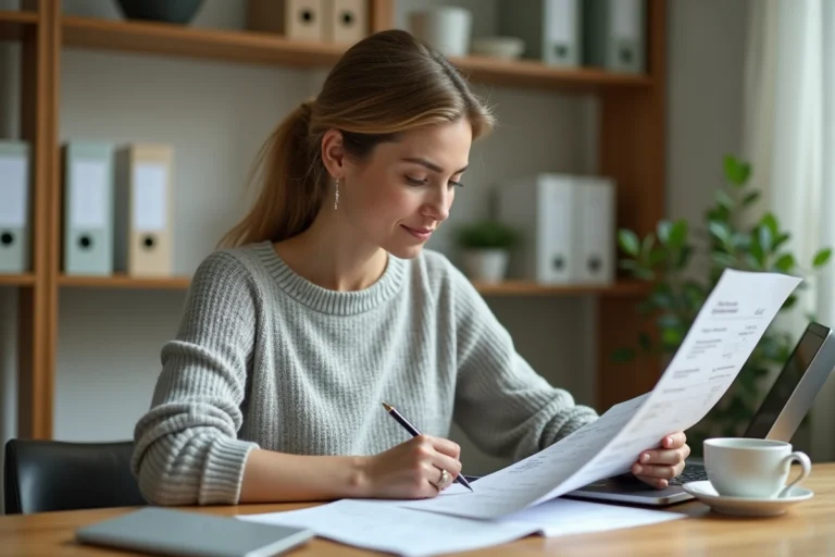 Femme vérifiant une quittance de loyer incorrecte à son bureau avec un stylo et un document papier