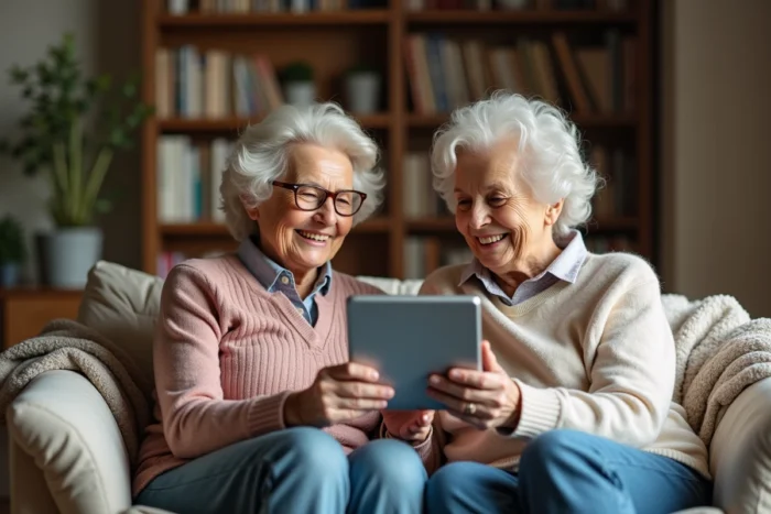 Deux femmes âgées utilisant une tablette numérique ensemble dans un salon confortable