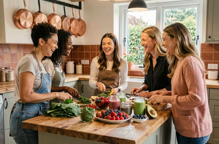 Groupe de femmes préparant des aliments sains et des smoothies dans une cuisine moderne pour une alimentation équilibrée
