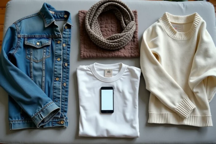 Flat lay de vêtements d'occasion soigneusement disposés avec une étiquette prix et un smartphone pour la revente