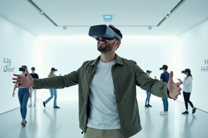Homme portant un casque de réalité virtuelle avec une expression d'émerveillement dans l'espace moderne et épuré de FlyView Paris