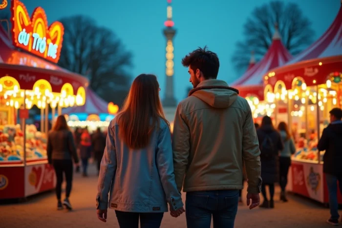Couple se promenant entre les manèges et les stands colorés de la Foire du Trône au crépuscule dans le 12e arrondissement de Paris