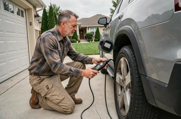 Homme vérifiant la pression de pneu avec un gonfleur électrique portable dans une allée résidentielle