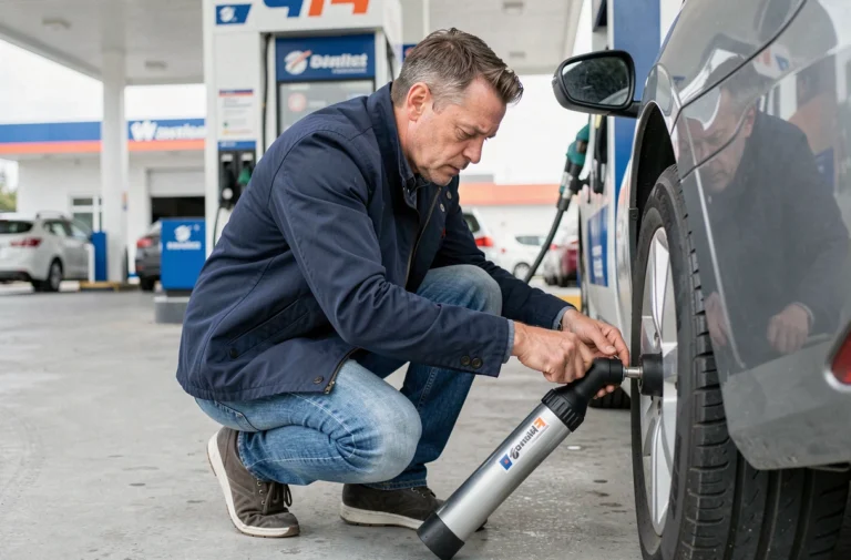Homme utilisant un gonfleur de pneu gratuit dans une station-service moderne