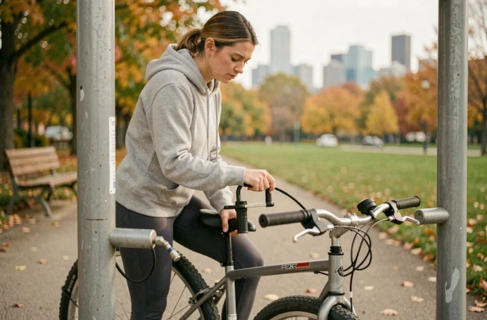 Femme gonflant le pneu de son vélo à une borne gratuite dans un parc urbain