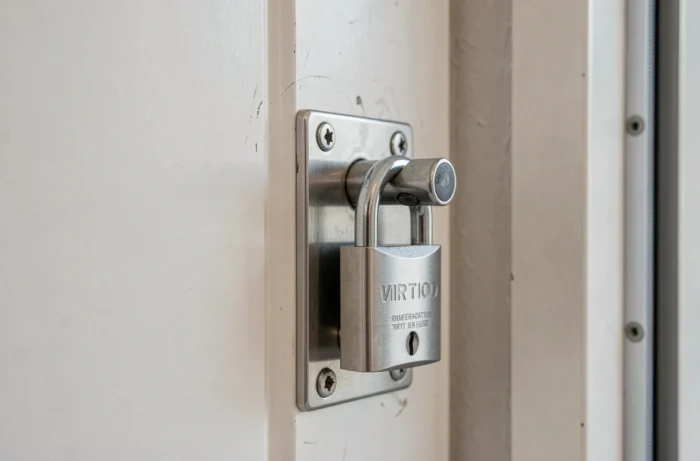 Gros plan d'un cadenas double verrouillage en acier inoxydable installé sur une porte d'appartement