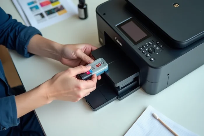 Gros plan sur des mains réinsérant une cartouche d'encre Canon dans une imprimante sur un bureau blanc
