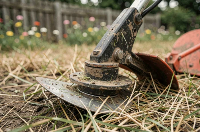 Gros plan sur la tête de coupe d'une débroussailleuse posée dans l'herbe sèche après utilisation