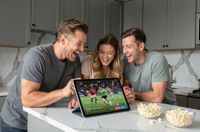 Groupe d'amis réunis dans une cuisine moderne pour regarder un match de rugby en streaming sur tablette