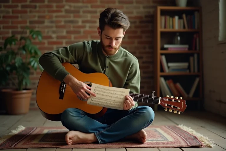 Jeune guitariste étudiant des partitions gratuites imprimées dans un studio maison chaleureux