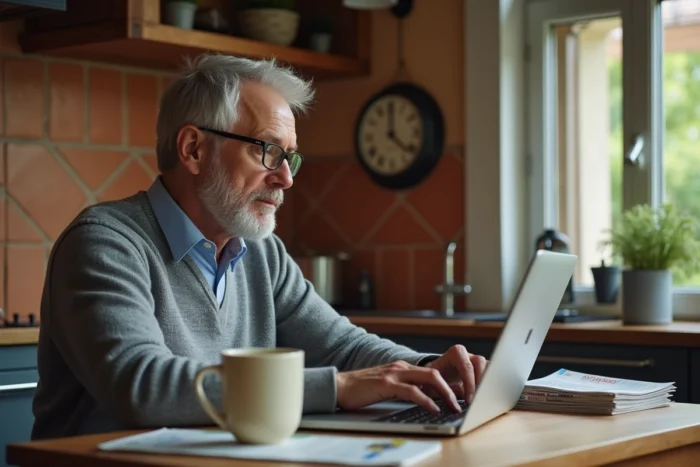 Homme consultant son abonnement magazine Télé Z sur ordinateur portable dans une cuisine française