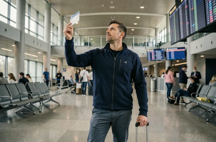 Homme consultant le tableau des départs dans un aéroport avec une valise cabine et une carte d'embarquement