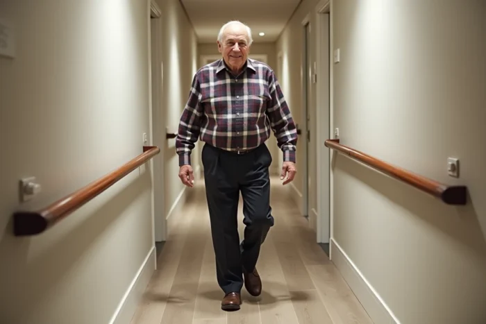 Homme âgé marchant en sécurité dans un couloir aménagé avec une main courante adaptée