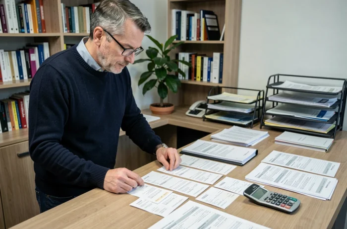 Homme analysant des relevés bancaires et reçus sur un bureau ordonné à la maison