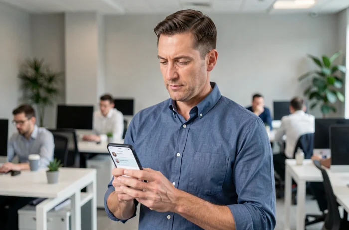 Homme consultant une plateforme d'avis en ligne sur son smartphone au bureau