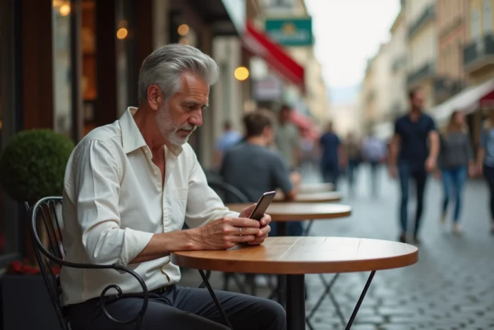 Homme assis en terrasse de café regardant son téléphone affichant 15h55, réflexion sur la signification des heures miroirs
