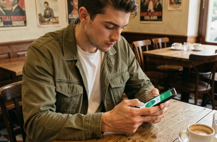 Homme consultant un numéro de téléphone français avec l'indicatif 04 12 sur son smartphone dans un café