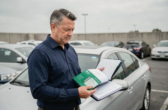 Homme consultant sa carte verte d'assurance auto près de son véhicule dans un parking