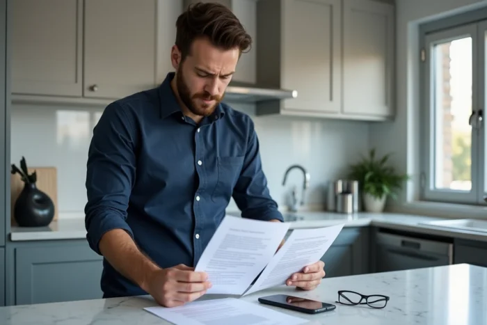 Homme comparant une quittance de loyer et un contrat de bail pour identifier des erreurs