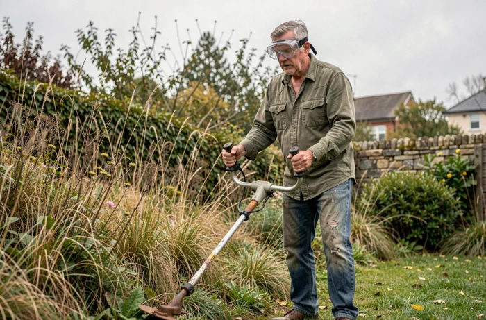 Homme utilisant une débroussailleuse thermique pour entretenir une bordure de jardin envahie par la végétation