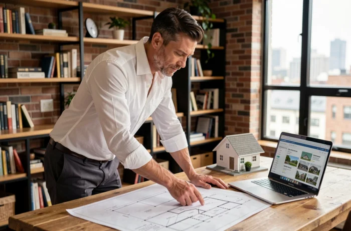 Homme étudiant des plans immobiliers sur une table avec maquette et ordinateur portable pour un projet d'achat immobilier
