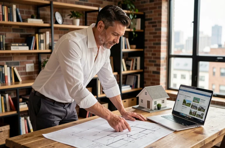 Homme étudiant des plans immobiliers sur une table avec maquette et ordinateur portable pour un projet d'achat immobilier