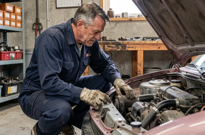 Homme d'âge mûr inspectant le moteur d'une voiture dans un garage solidaire communautaire