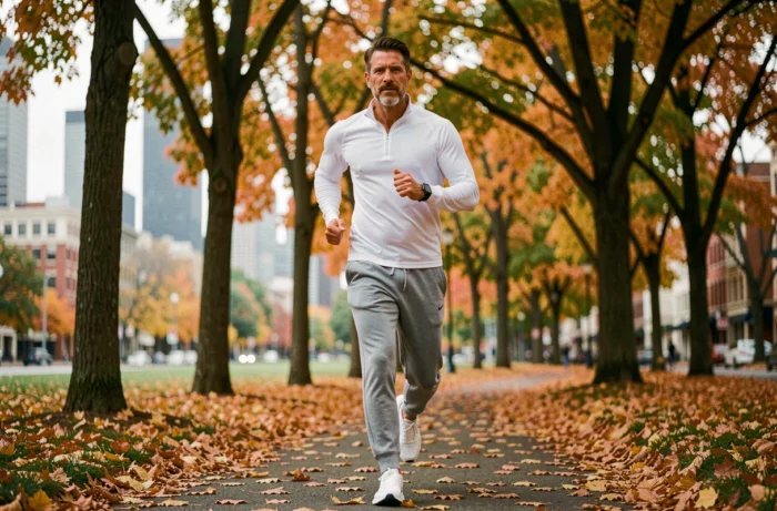 Homme en plein jogging dans un parc urbain en automne pour prendre soin de sa santé physique