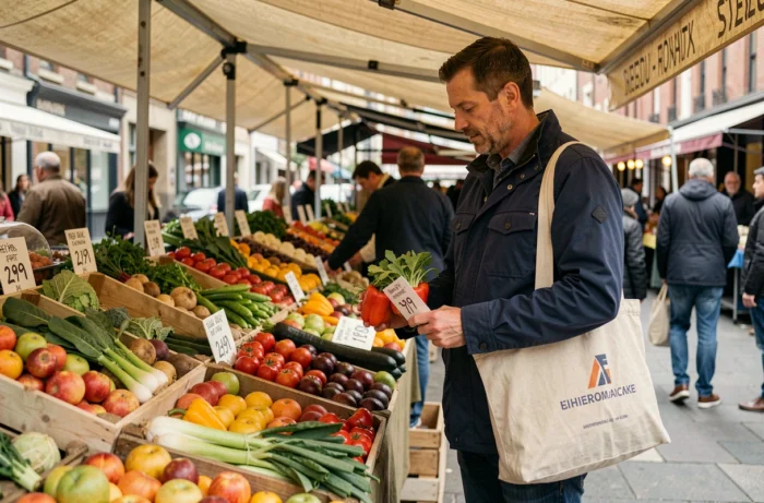 Homme qui compare les prix sur un marché de plein air en achetant des légumes frais et de saison pour économiser