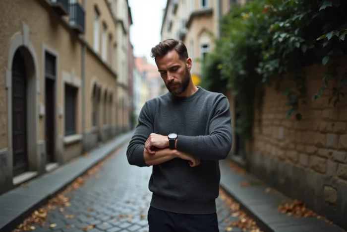 Homme regardant sa montre affichant 15h55 dans une rue pavée européenne en automne, symbolisant la signification spirituelle de l'heure miroir