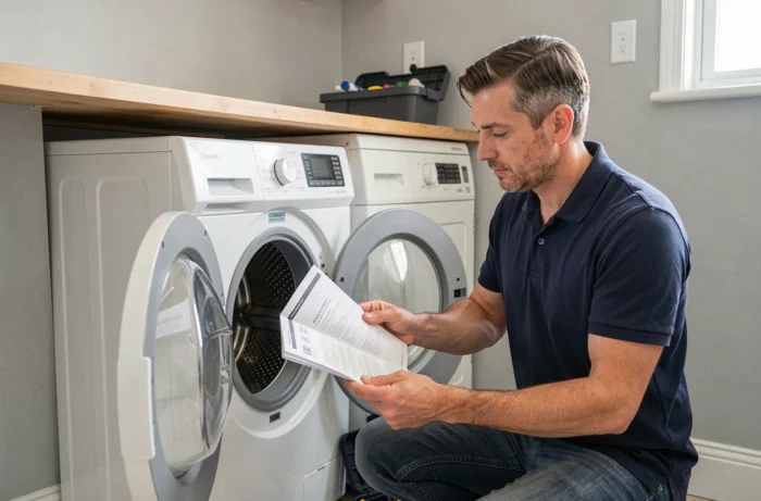 Homme consultant la notice du lave-linge Whirlpool 6th Sense 9kg pour identifier un code erreur