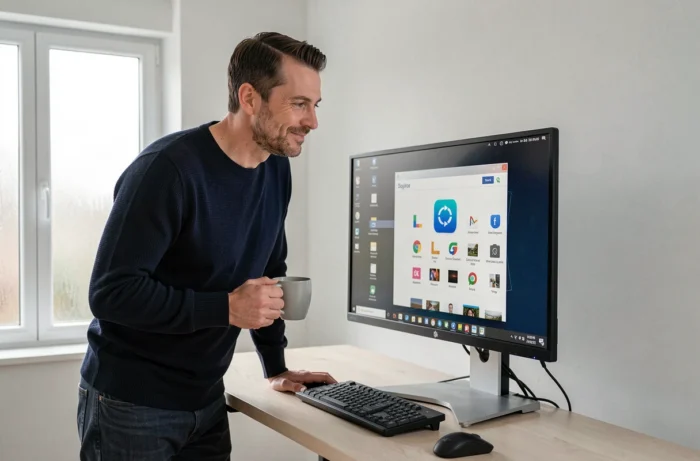 Homme consultant son ordinateur avec un raccourci Le Bon Coin créé sur le bureau Windows