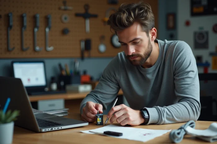 Homme réinitialisant une cartouche d'encre Canon avec un stylo sur un établi à domicile