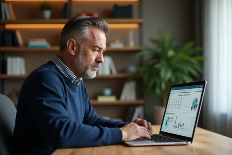 Homme de 45 ans utilisant un simulateur PER en ligne sur son ordinateur portable dans un bureau à domicile moderne
