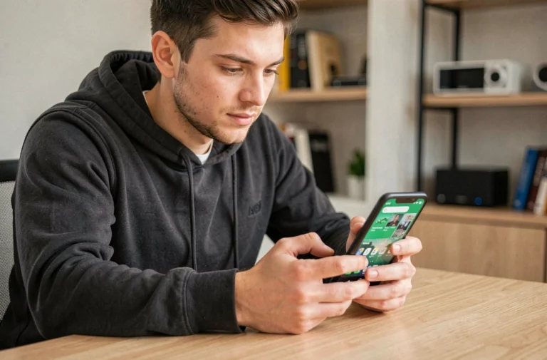 Jeune homme explorant les nouveautés Android sur son smartphone dans un bureau moderne