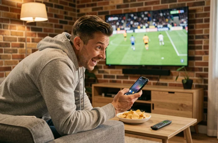 Homme regardant un match de football en streaming sur grand écran depuis son salon moderne en 2026