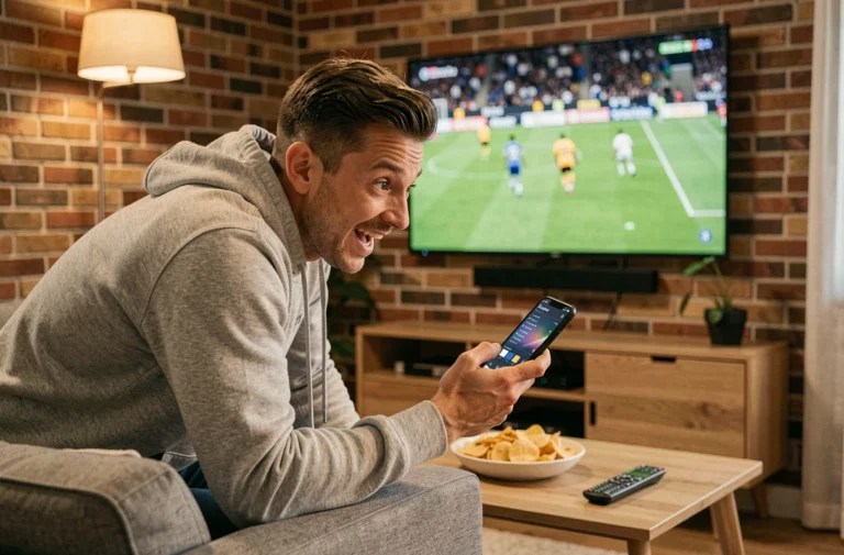 Homme regardant un match de football en streaming sur grand écran depuis son salon moderne en 2026